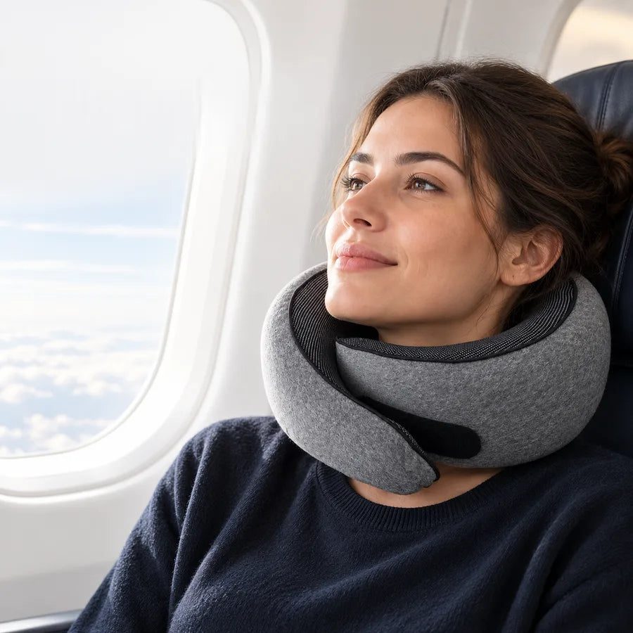 Frau entspannt im Flugzeug mit dem CushiLoop Nackenkissen